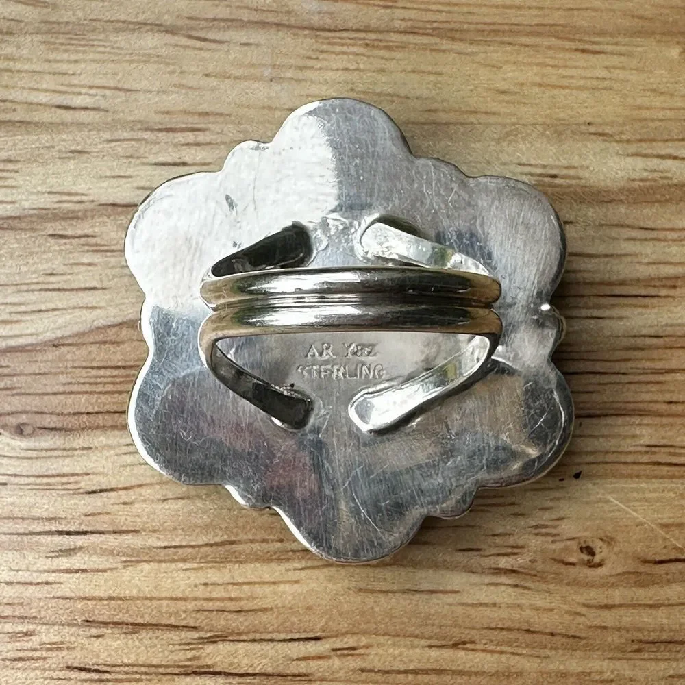 AR Yazzie Navajo Floral Ring Sterling Silver‎ 6.25 Foil Opal Glass 17.2g Signed